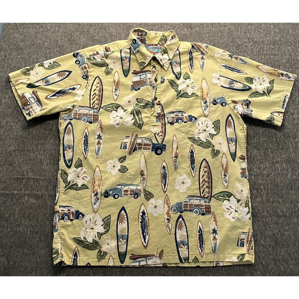 Reyn Spooner Men's Large Surfboard Woodie Print Green Aloha Hawaiian Shirt